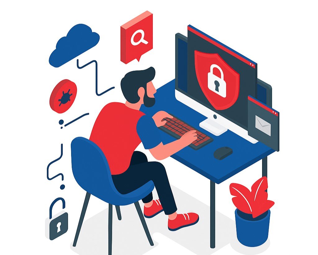 Cybersecurity learning illustration with protected computer systems